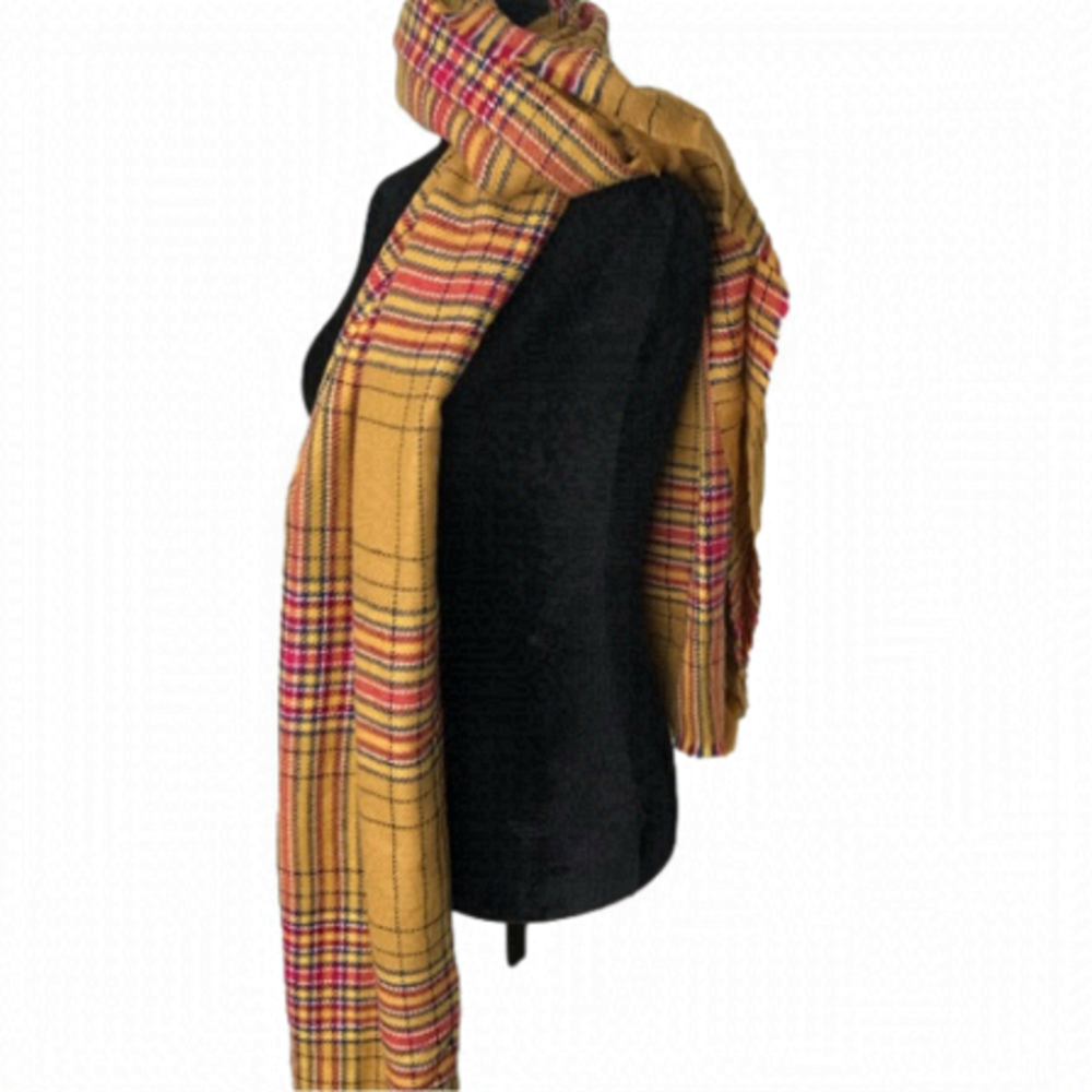 Zara large knitted winter scarf with graphic. Mustard and red tartan plaid.
